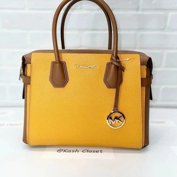 Michael Kors Mercer MD Two-Tone Pebbled Leather Belted Satchel - Honeycomb Multi - Picture 2 of 12